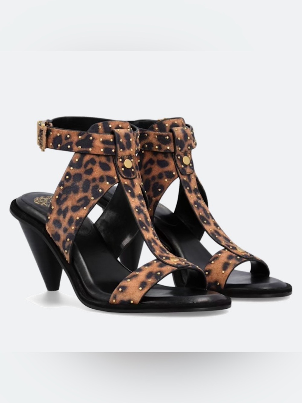 Vince Camuto Leopard Print T-Strap Studded Heels - Brown/Black, size 9